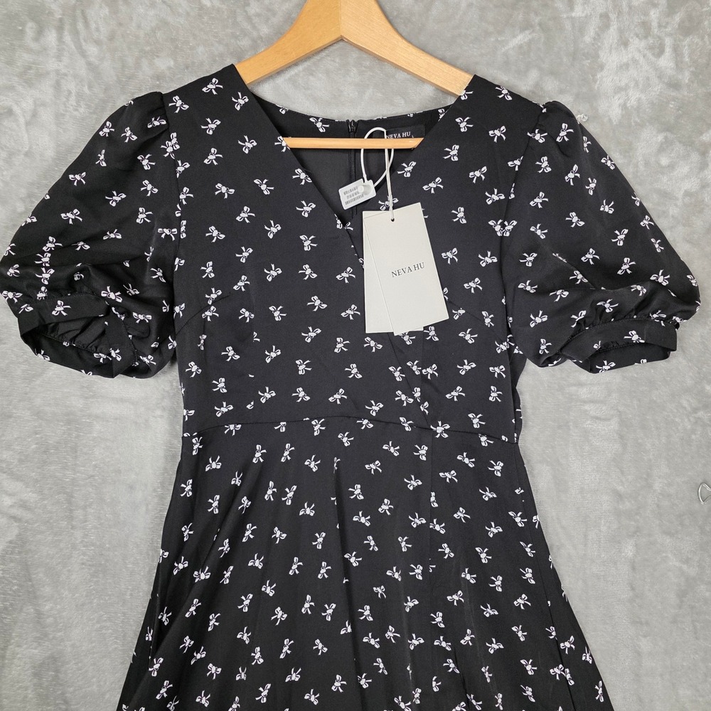 NEVA HU Bow Print Puff Sleeve Maxi Dress Women L‎ Black NEW Flowy Cottagecore - Picture 2 of 13